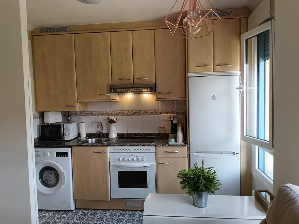 Kitchen or kitchenette, oven, stove, washing machine