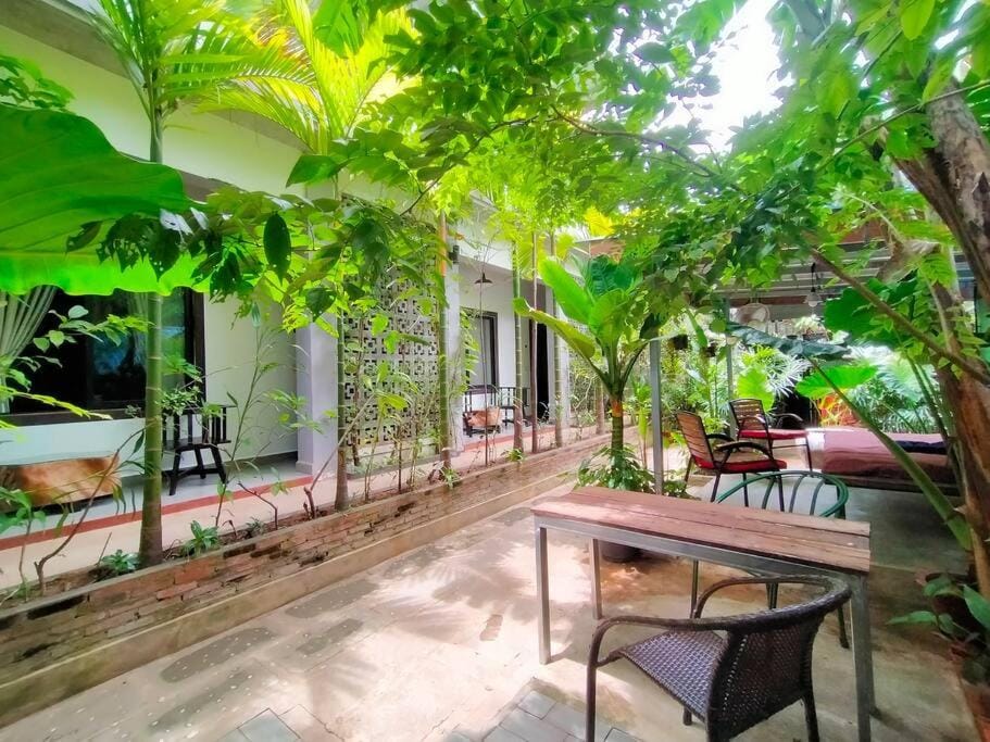 Property building, Patio, Dining area, Garden view