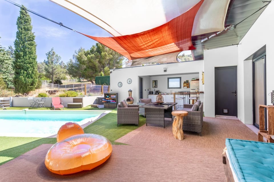Property building, Living room, Swimming pool