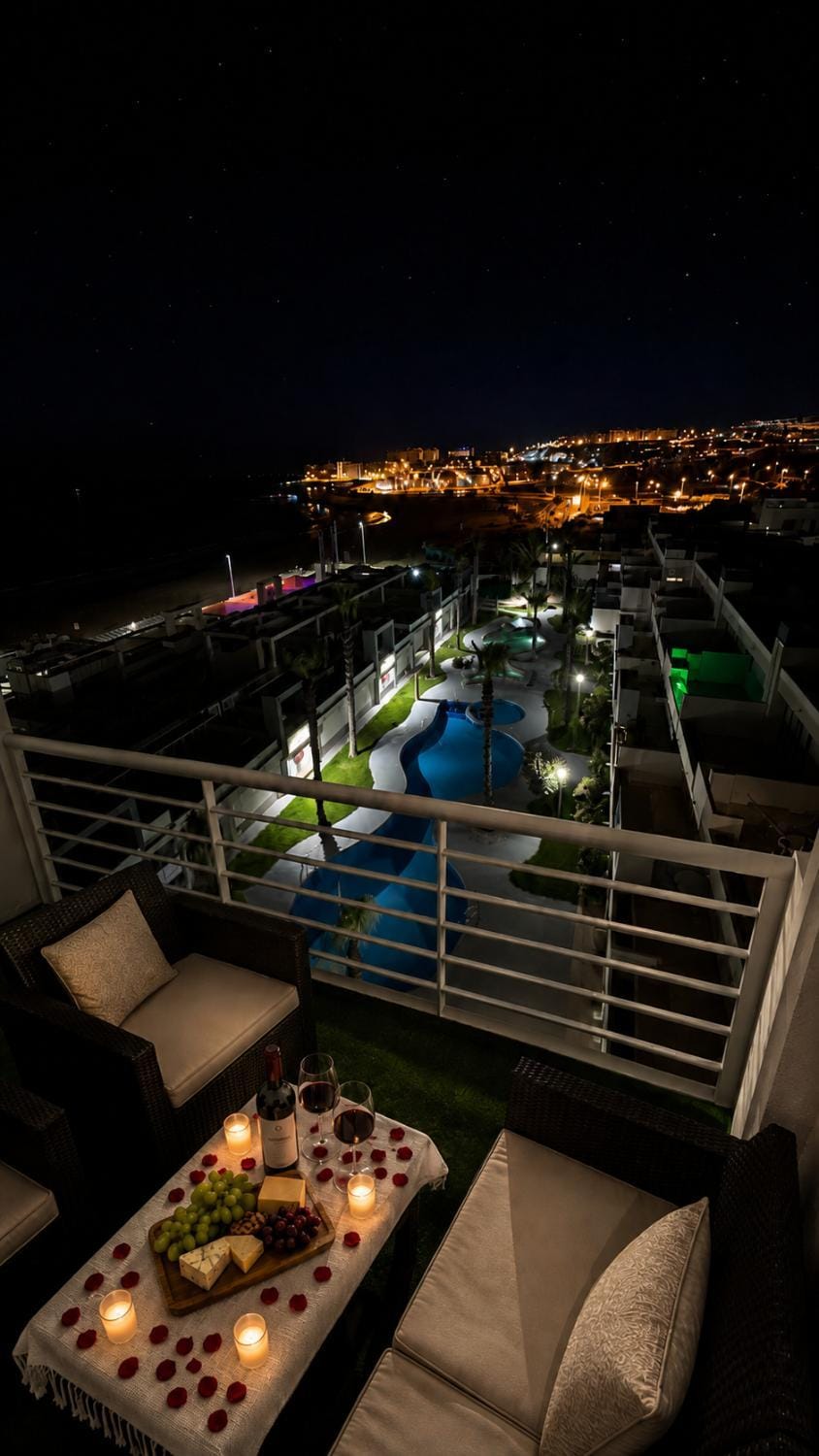 Night, View (from property/room), Balcony/Terrace, City view, Pool view, Swimming pool