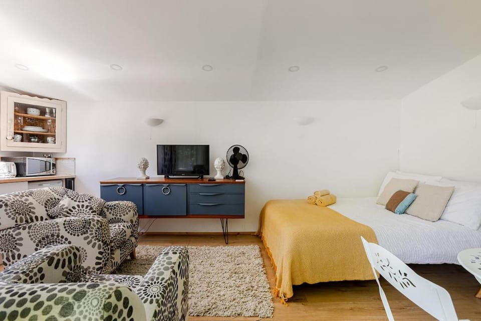 Bed, TV and multimedia, Living room, Seating area, Bedroom
