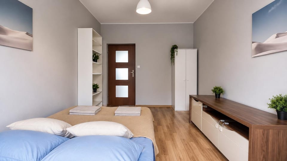 Bed, wardrobe
