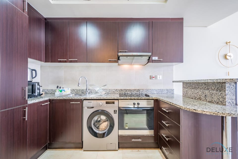 Kitchen or kitchenette, oven, stove, washing machine