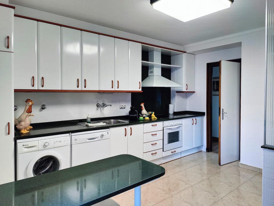 Kitchen or kitchenette, dishwasher, oven, stove, toaster, washing machine