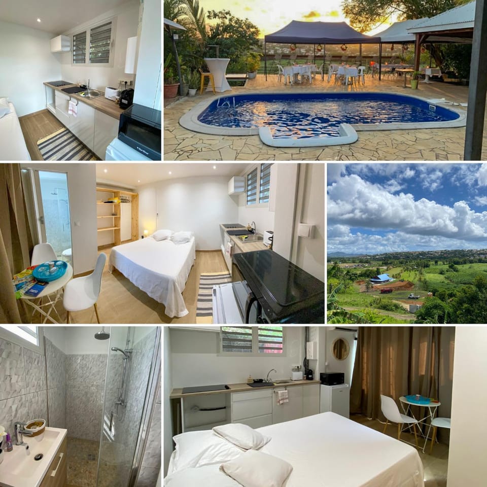 Bed, Natural landscape, Kitchen or kitchenette, Photo of the whole room, Bedroom, Pool view, Swimming pool, towels