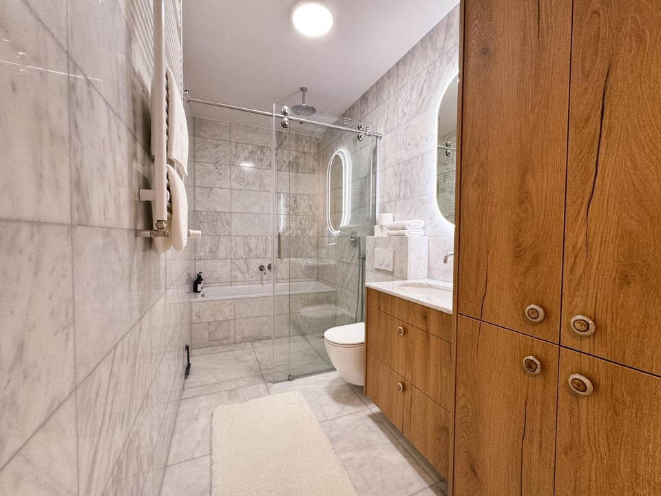Shower, Toilet, Bathroom, Photo of the whole room, Bath, heating, towels, washing machine