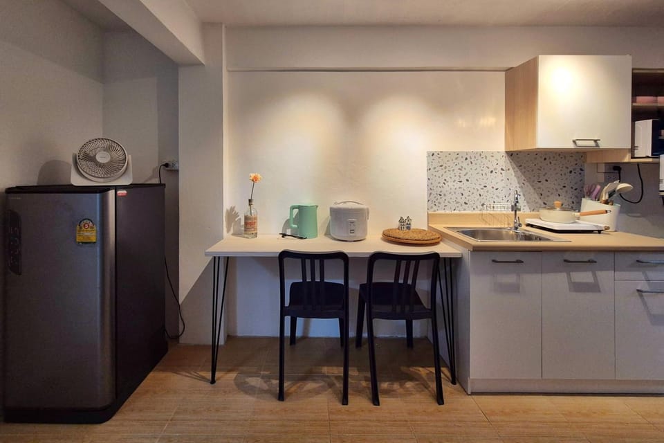 Kitchen or kitchenette, stove