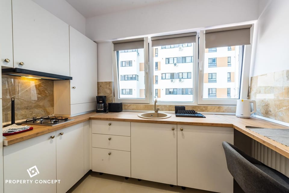 Kitchen or kitchenette, stove