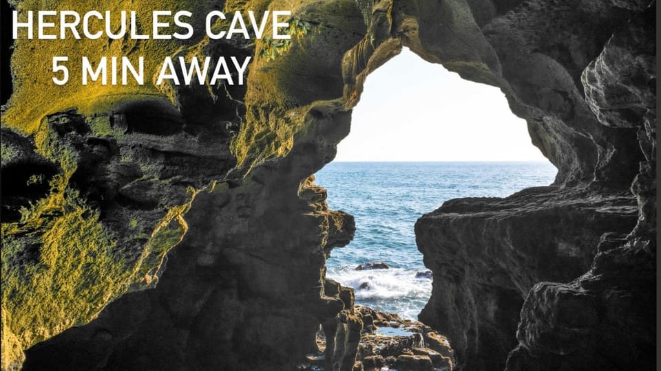 Nearby landmark, Natural landscape, Text overlay, Sea view
