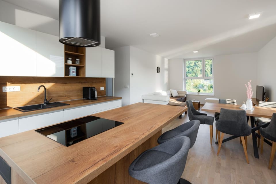 Kitchen or kitchenette, Living room, Seating area, Dining area, stove