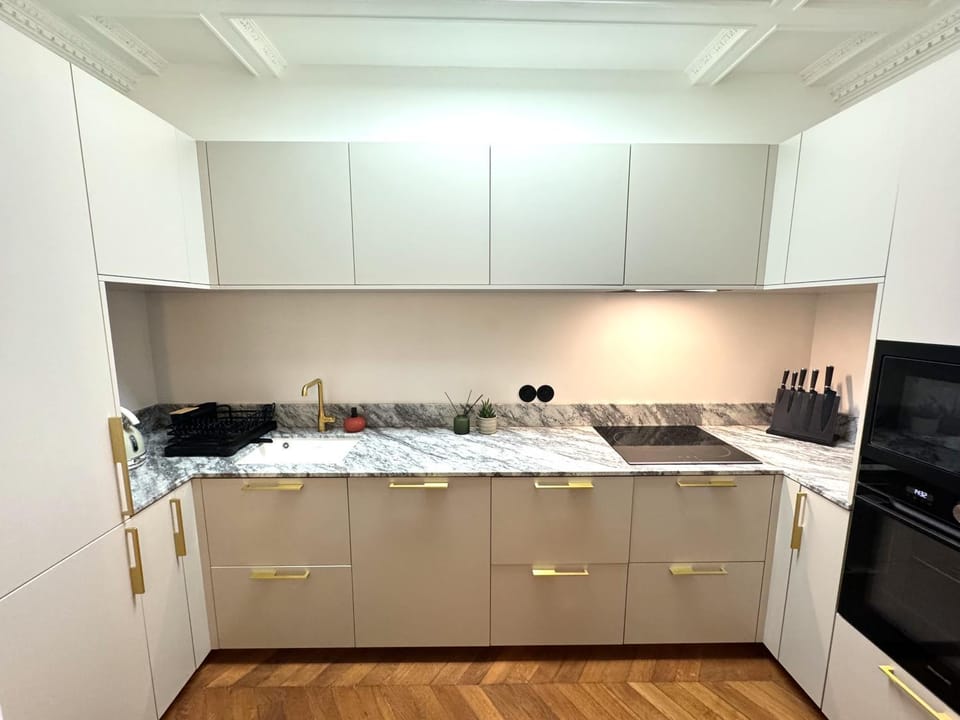 Kitchen or kitchenette, dishwasher, oven, stove