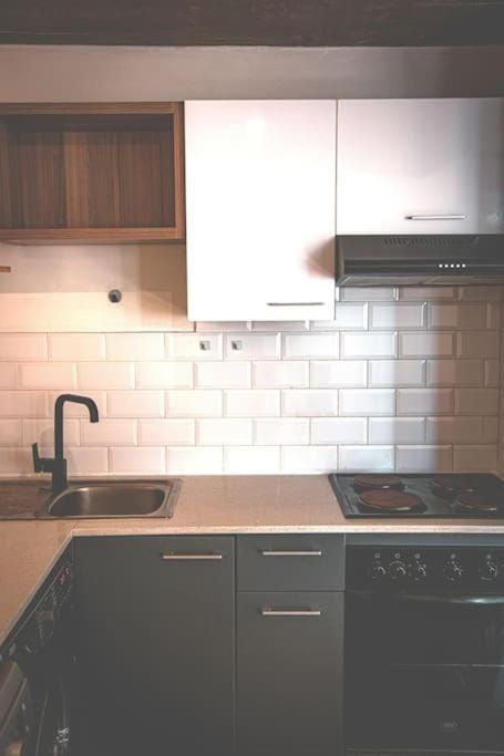 Kitchen or kitchenette, dishwasher, stove