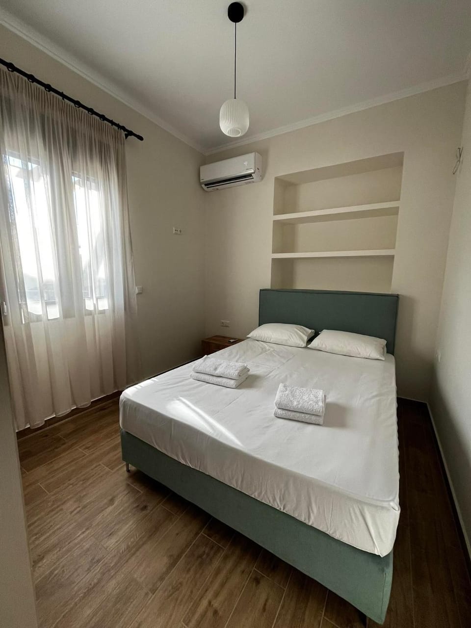 Bed, Photo of the whole room, Bedroom, towels, air conditioner