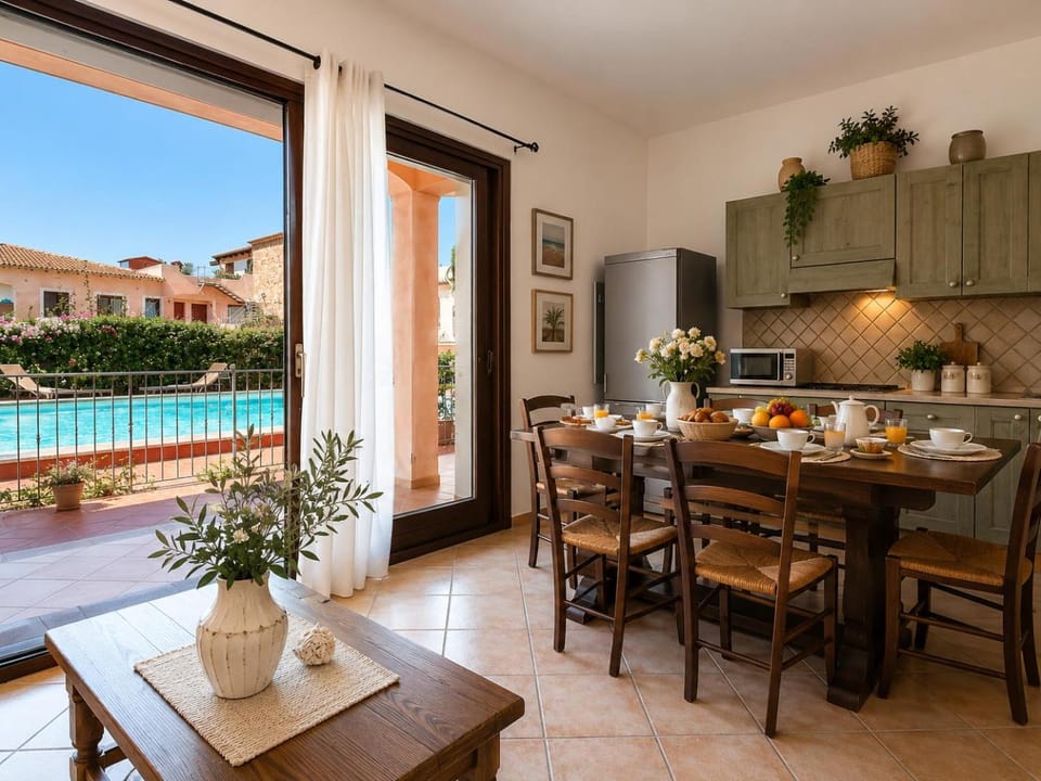 Kitchen or kitchenette, Living room, Dining area, Pool view