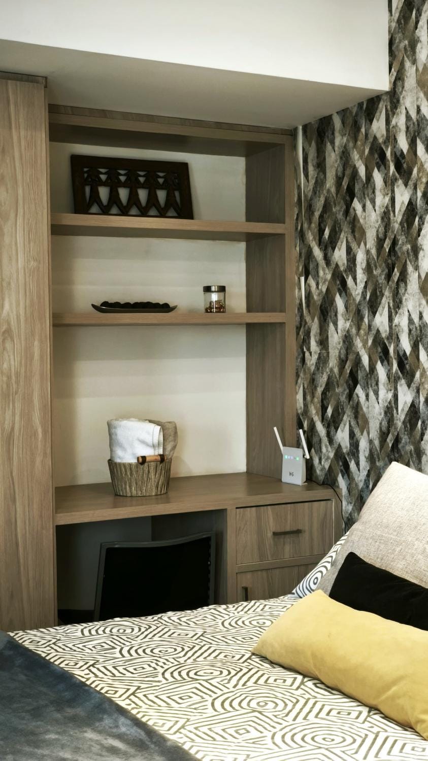Bed, wardrobe