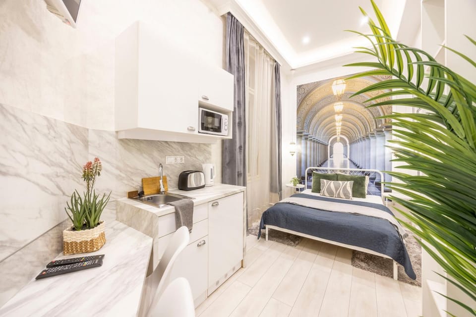 Bed, TV and multimedia, Kitchen or kitchenette, Photo of the whole room, Seating area, Bedroom, air conditioner