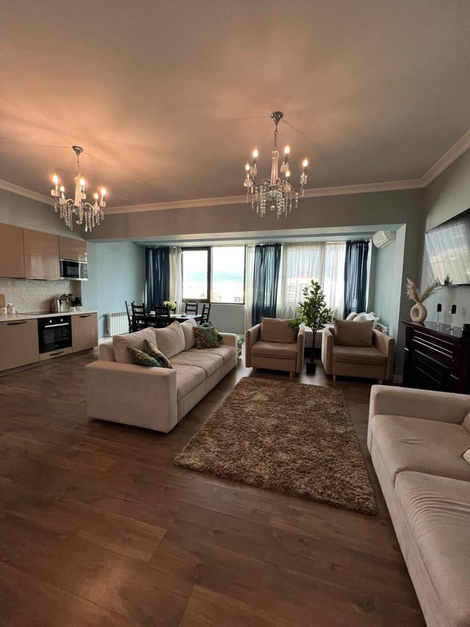 Bed, TV and multimedia, Kitchen or kitchenette, Living room, Photo of the whole room, Seating area, Bedroom, fireplace, air conditioner