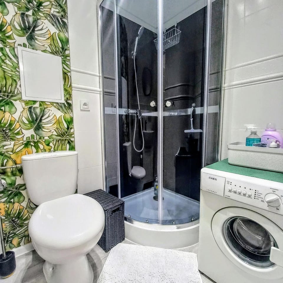 Shower, Toilet, Bathroom, towels, washing machine, dryer