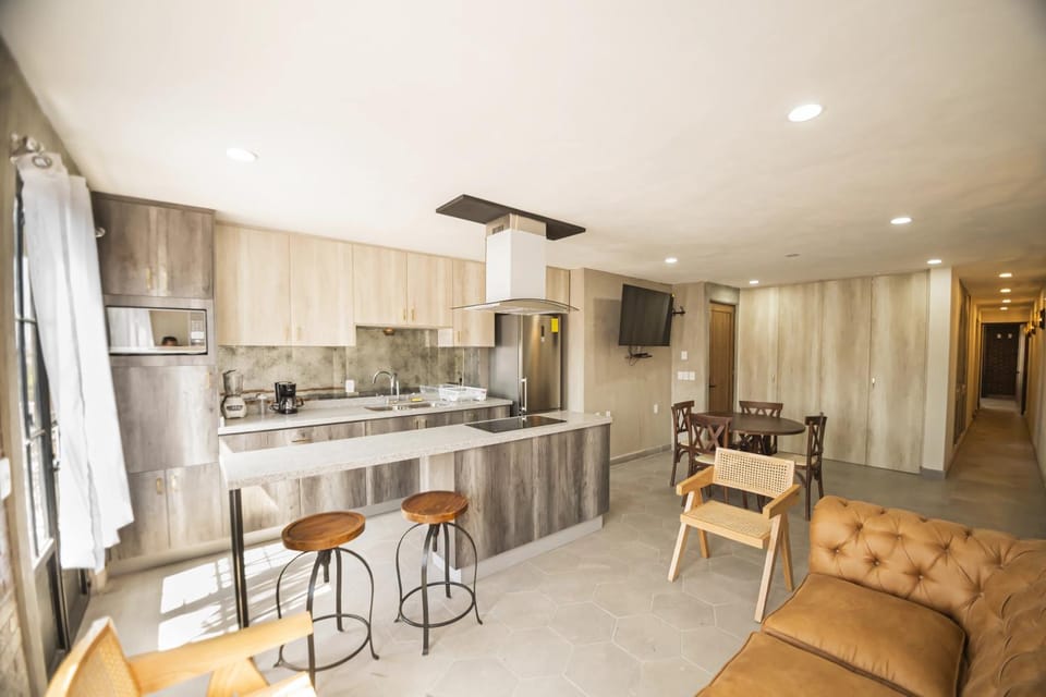 Kitchen or kitchenette, Living room, Seating area, Dining area, stove