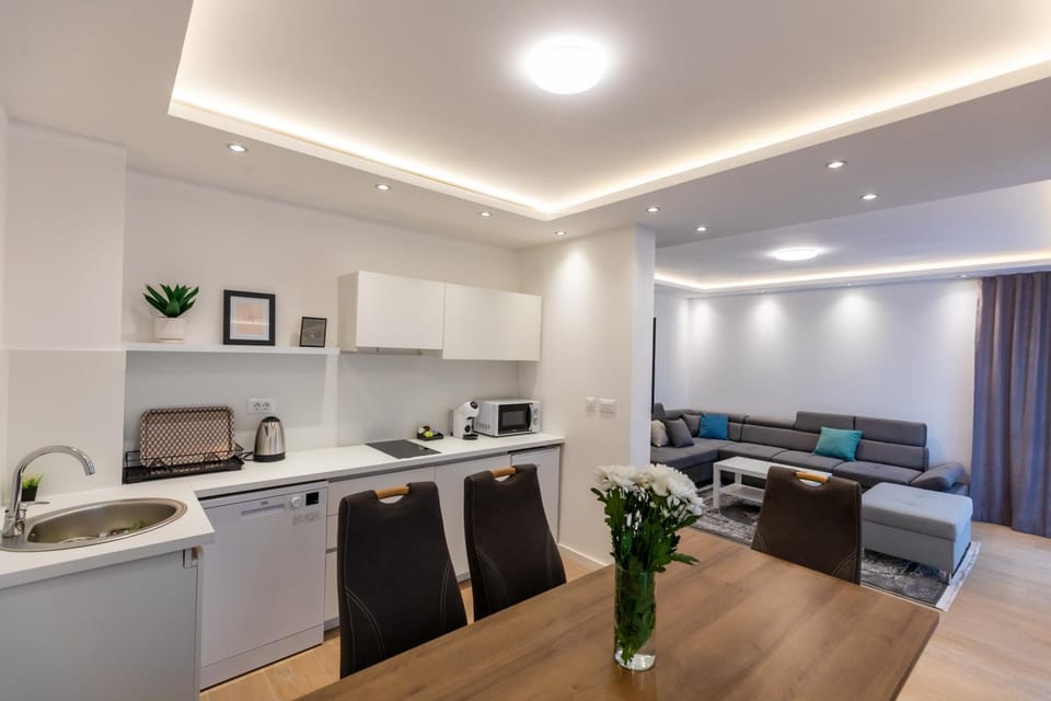 Kitchen or kitchenette, Living room, dishwasher, microwave, stove, air conditioner