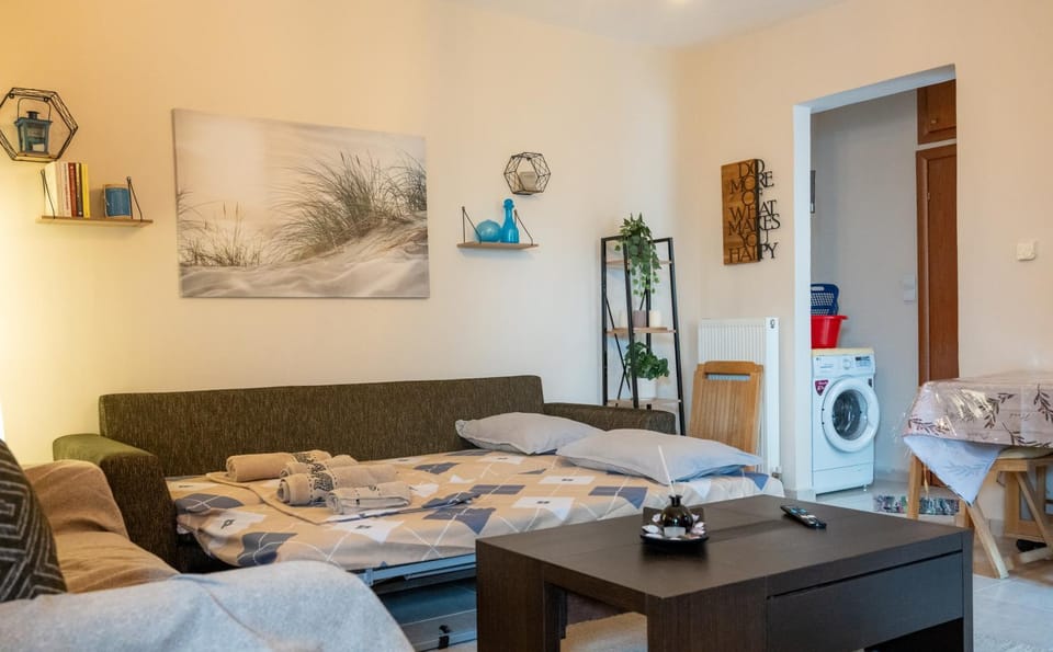 Living room, Seating area, towels, washing machine, dryer, air conditioner