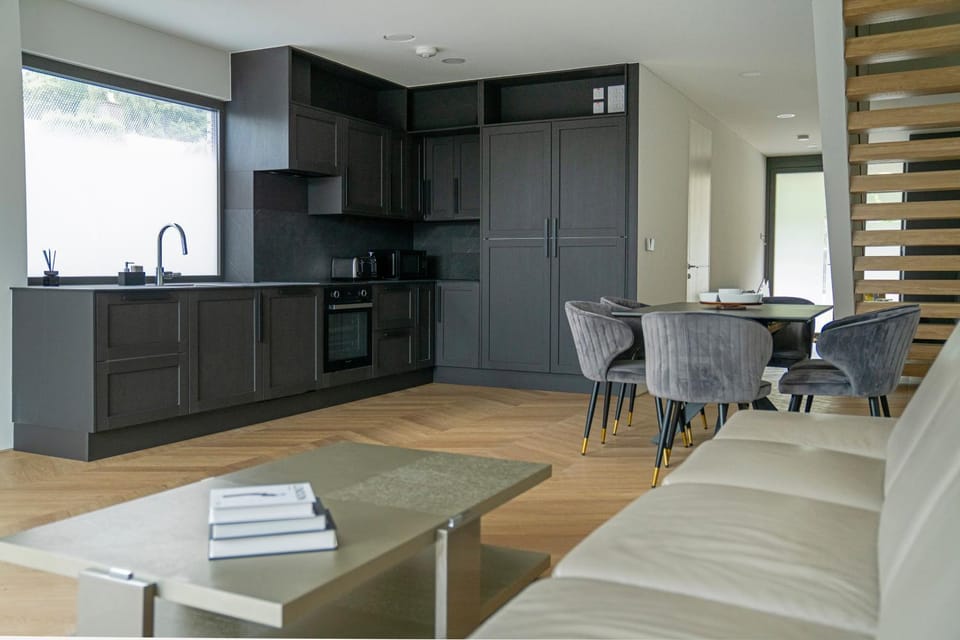 Kitchen or kitchenette, Living room, Seating area, Dining area