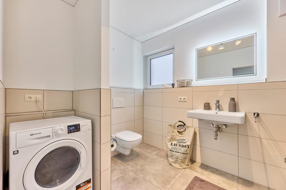 Toilet, Bathroom, hair dryier, washing machine