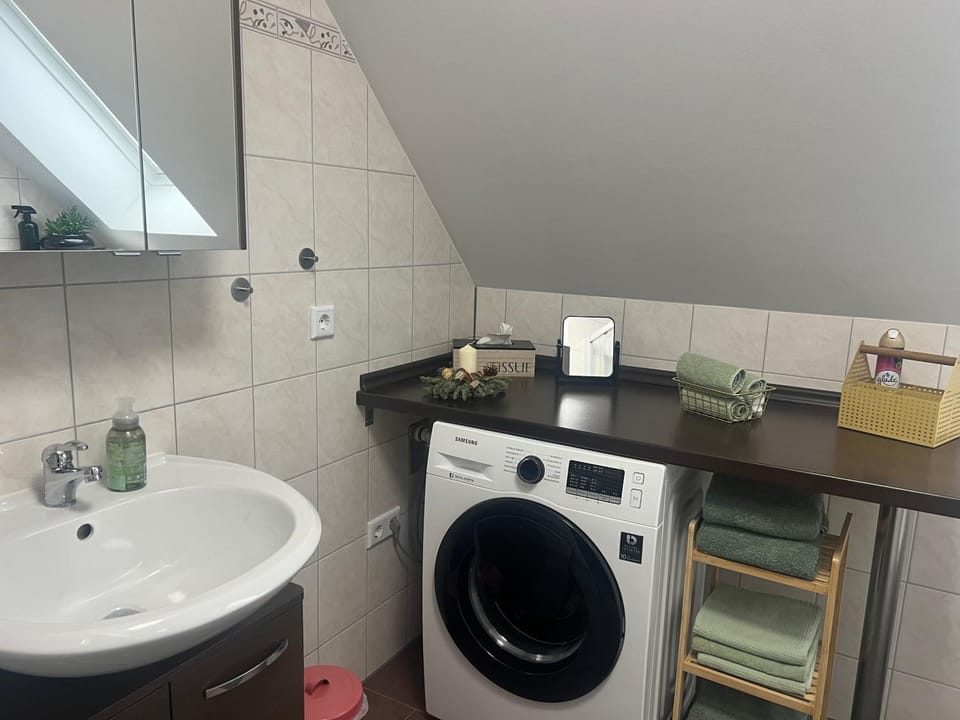 Bathroom, towels, washing machine