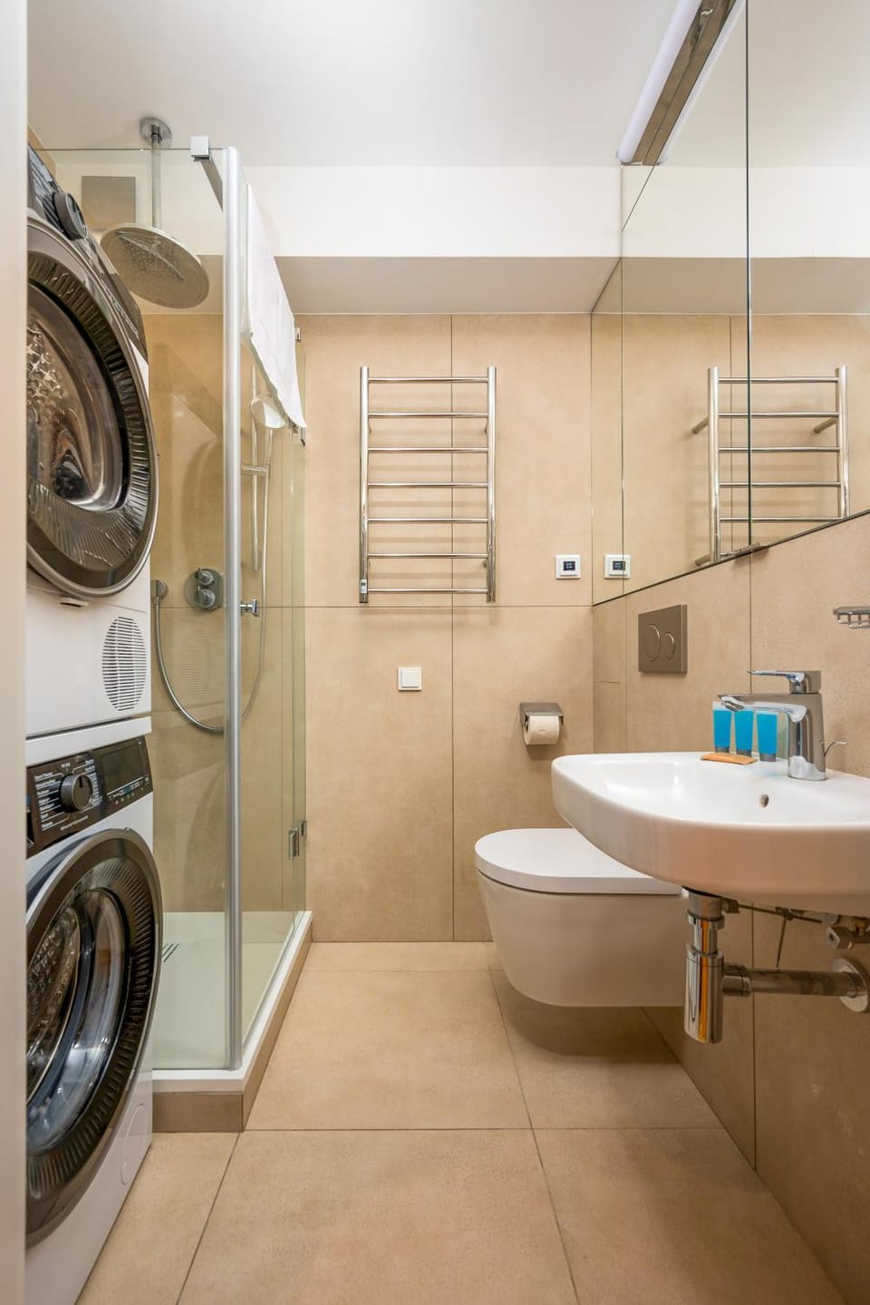 Shower, Toilet, Bathroom, towels, washing machine, dryer