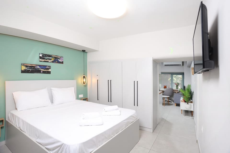 Bed, wardrobe