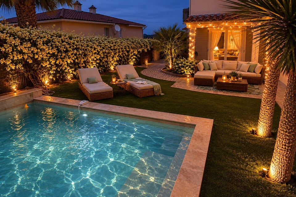 Patio, Night, Garden, Garden view, Pool view, Swimming pool, sunbed