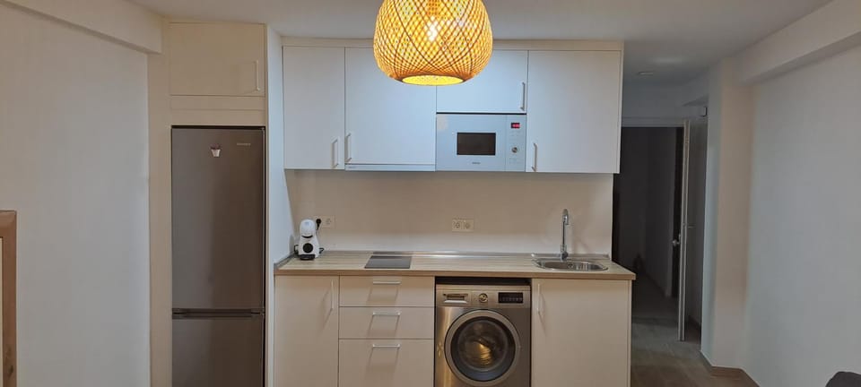 Kitchen or kitchenette, stove, washing machine