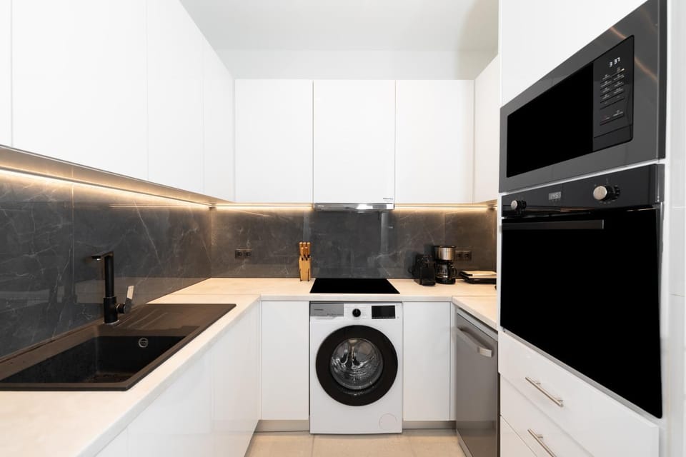 Kitchen or kitchenette, dishwasher, oven, stove, washing machine