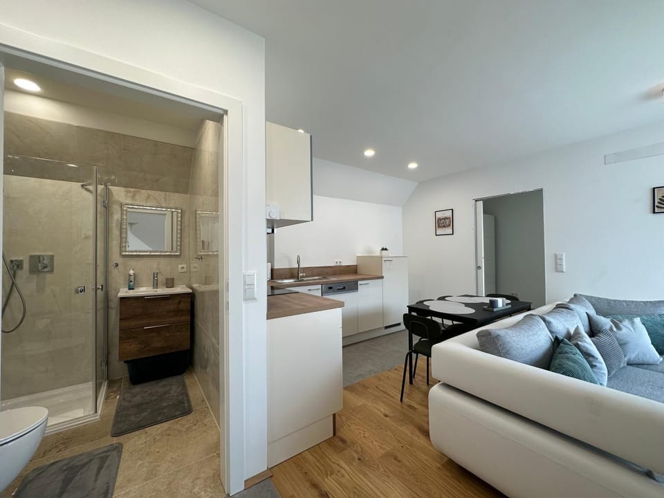 Bed, Bathroom, Kitchen or kitchenette, Living room, Photo of the whole room, Seating area
