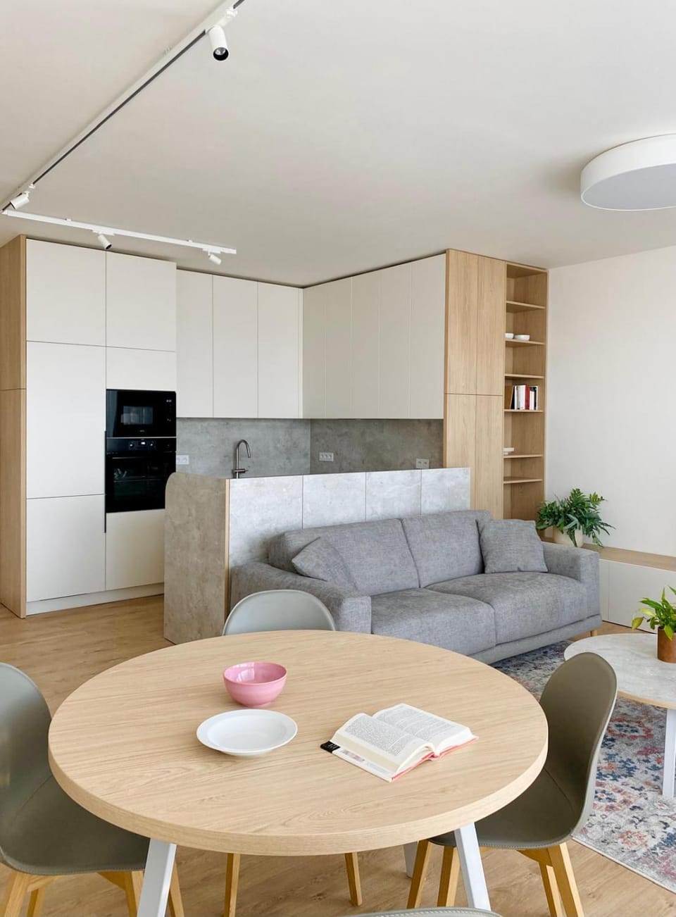 Kitchen or kitchenette, Living room, Seating area, Dining area
