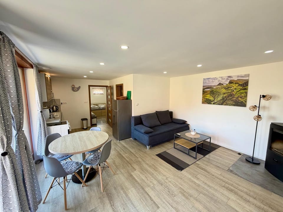 Kitchen or kitchenette, Living room, Seating area, Dining area