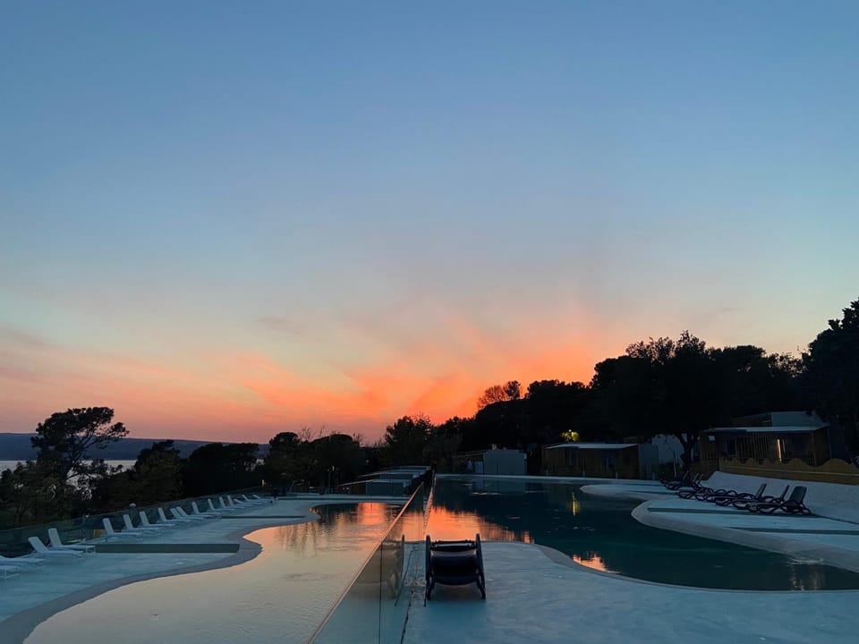 Pool view, Swimming pool, Sunset, sunbed