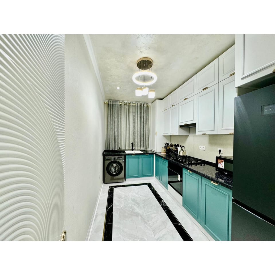 Kitchen or kitchenette, stove, washing machine