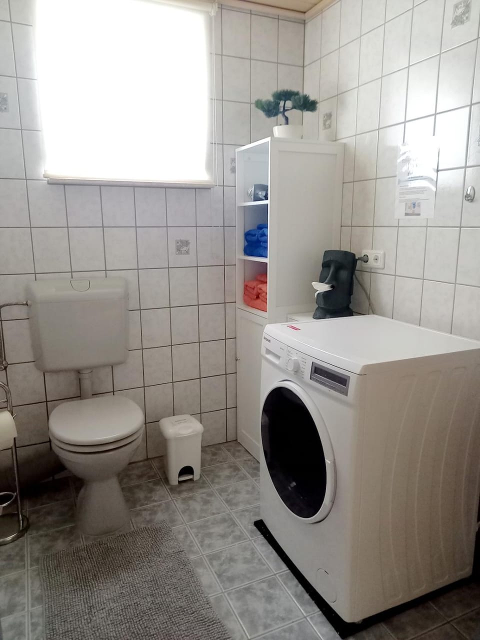 Toilet, Bathroom, hair dryier, towels, washing machine, dryer