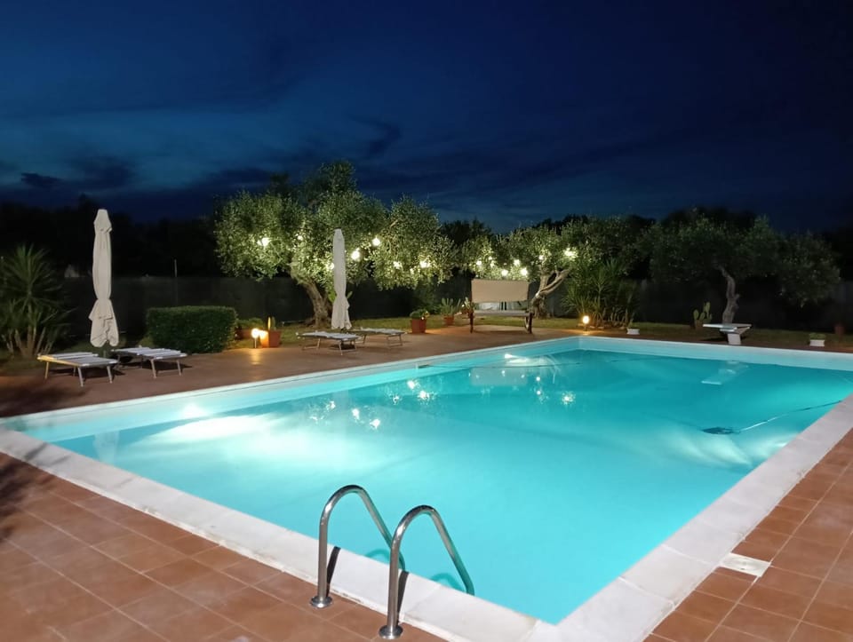Night, Pool view, Swimming pool, sunbed