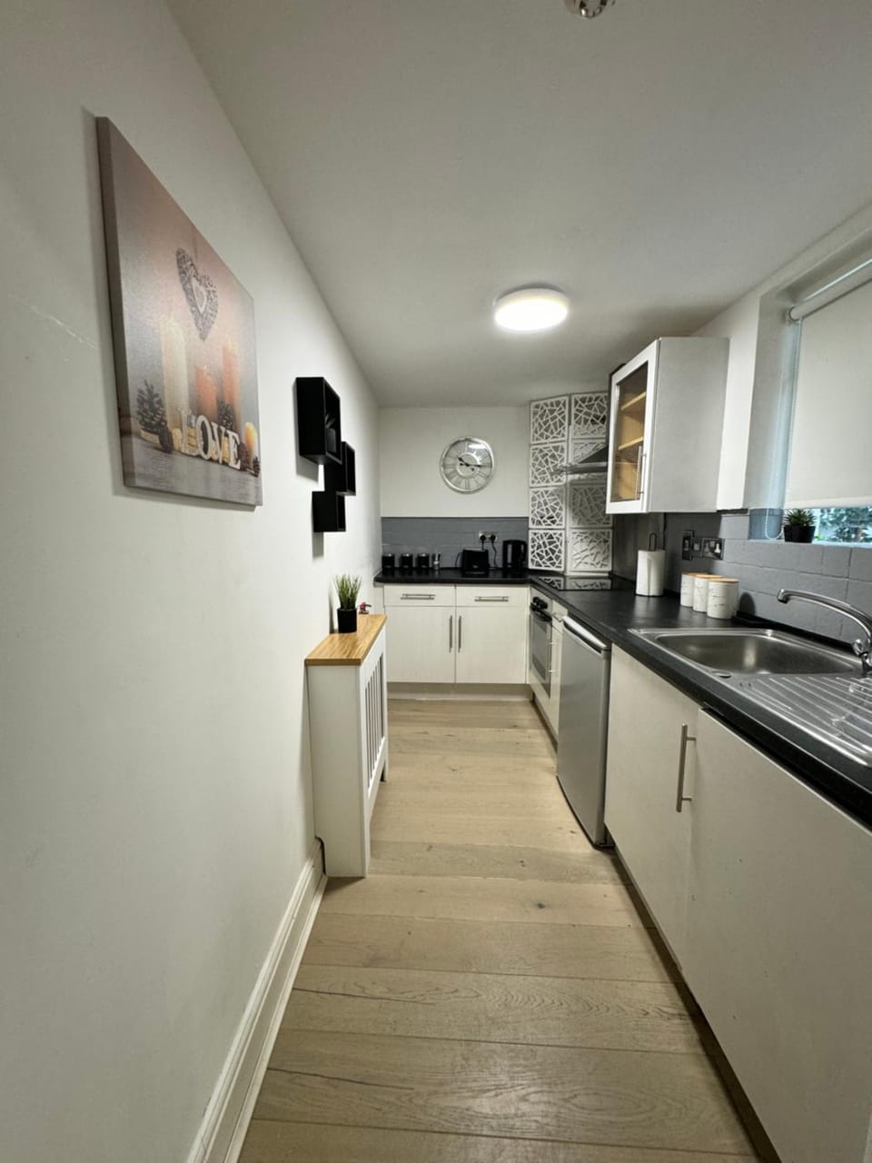Kitchen or kitchenette, oven, stove, washing machine