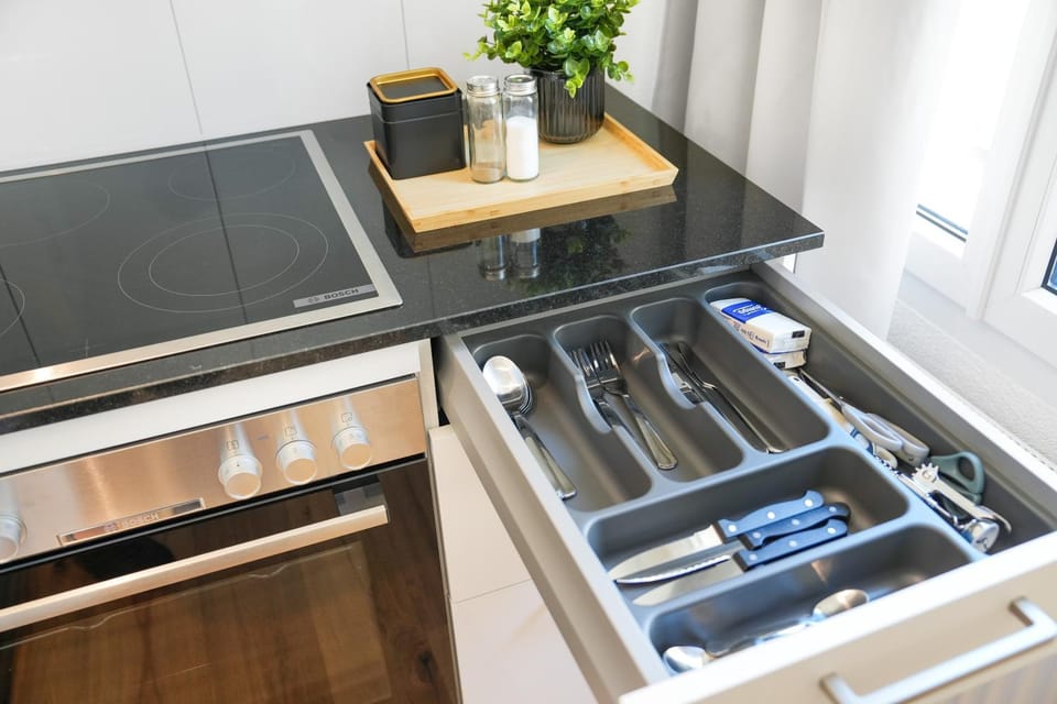 Kitchen or kitchenette, stove