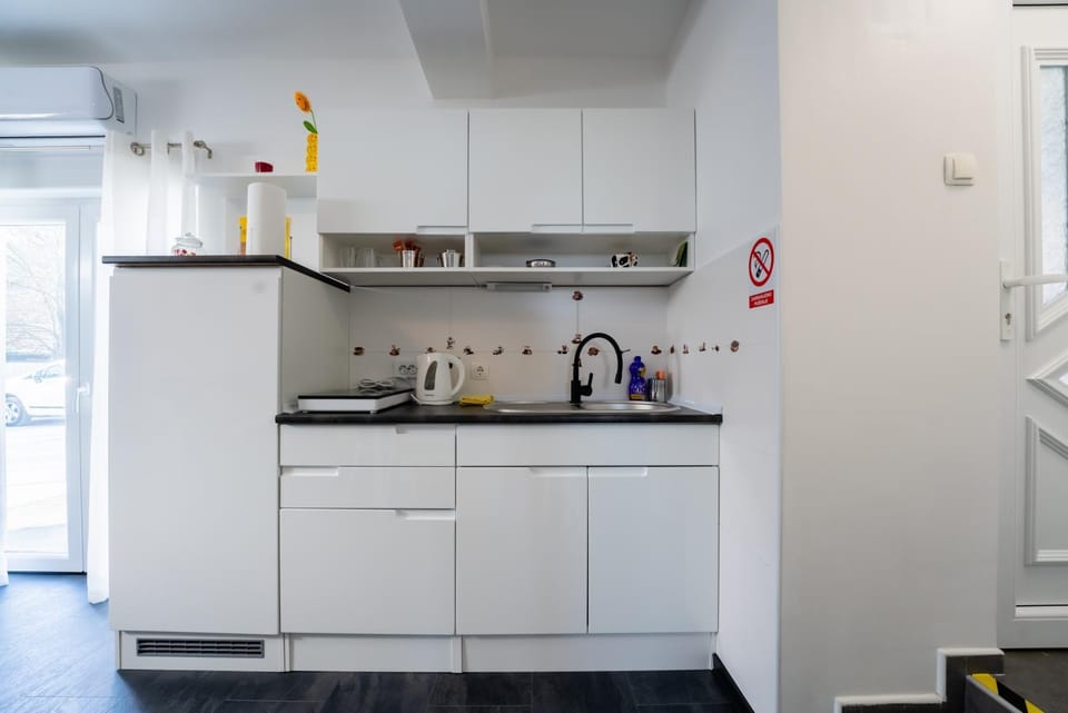 Kitchen or kitchenette, stove
