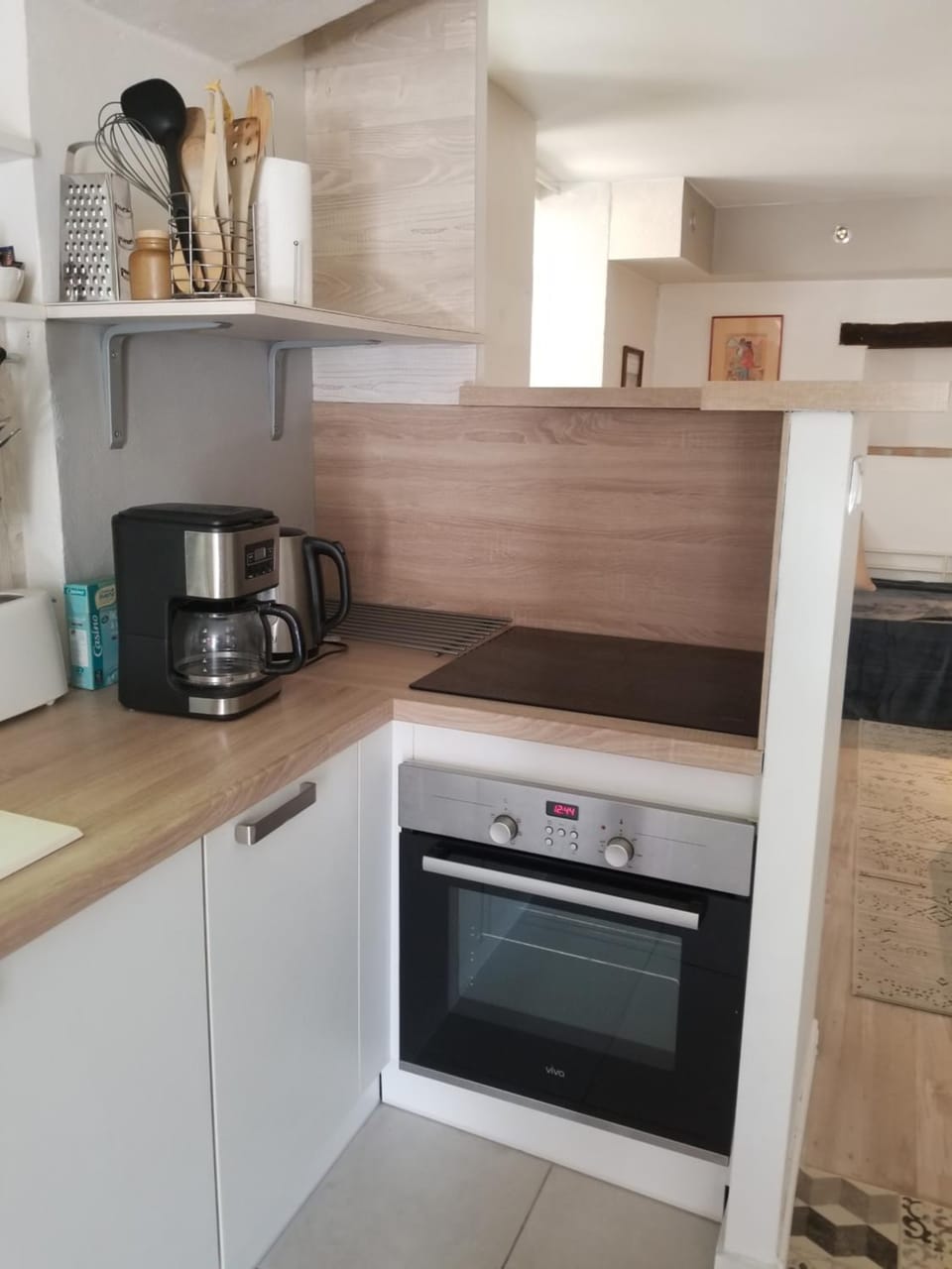 Kitchen or kitchenette, stove