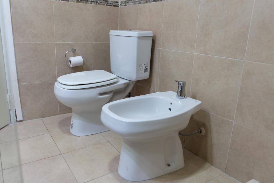 Toilet, bidet, hair dryier, storage, towels