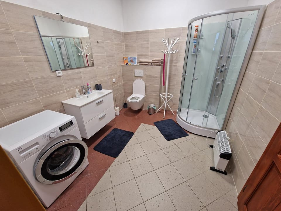 Shower, Toilet, Bathroom, towels, washing machine