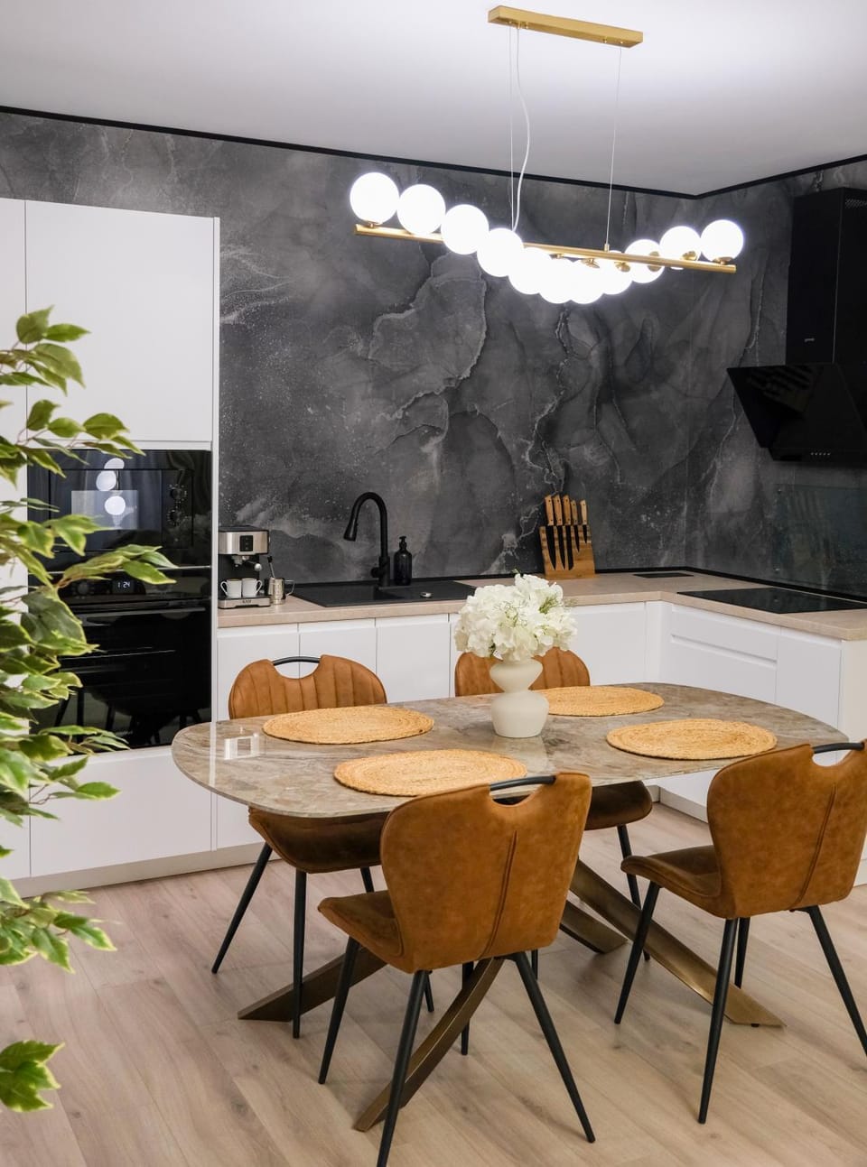 Dining area, microwave, oven, stove, kitchen