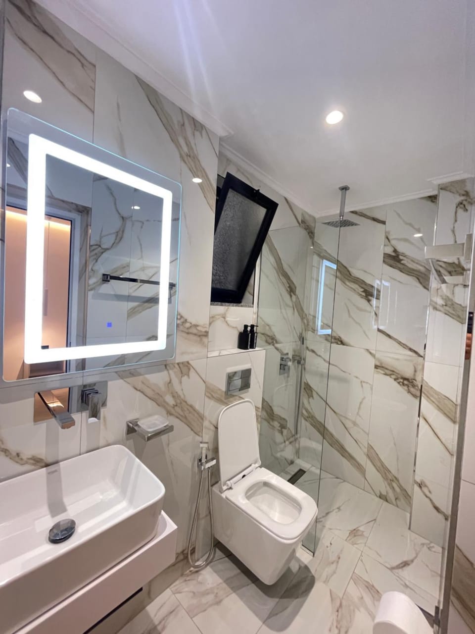 Shower, Toilet, bidet, hair dryier, towels