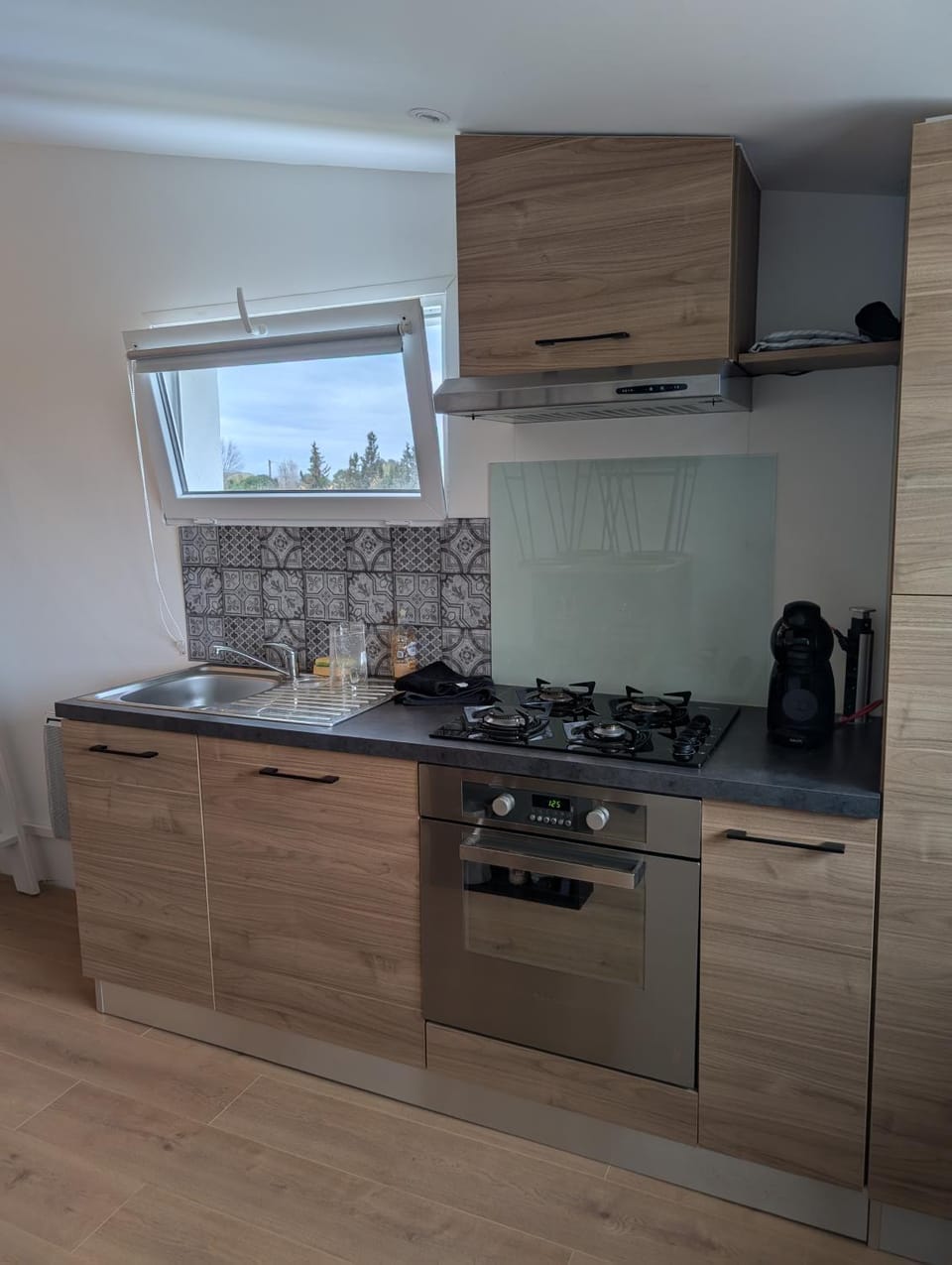 Kitchen or kitchenette, dishwasher, stove