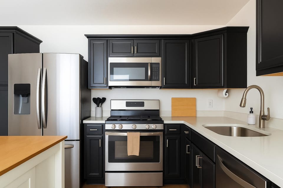 Kitchen or kitchenette, dishwasher, oven, stove